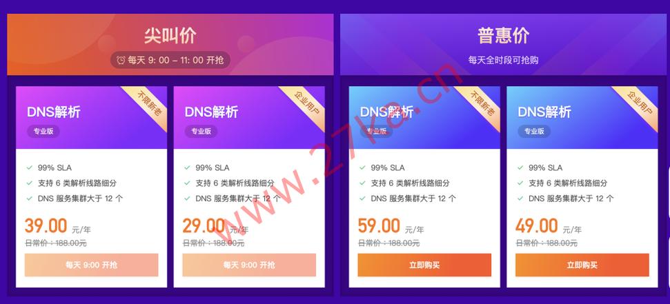 腾讯云DNS解析专业版29元/年起，个人企业均可购买，不限新老客户（原价188元/年）